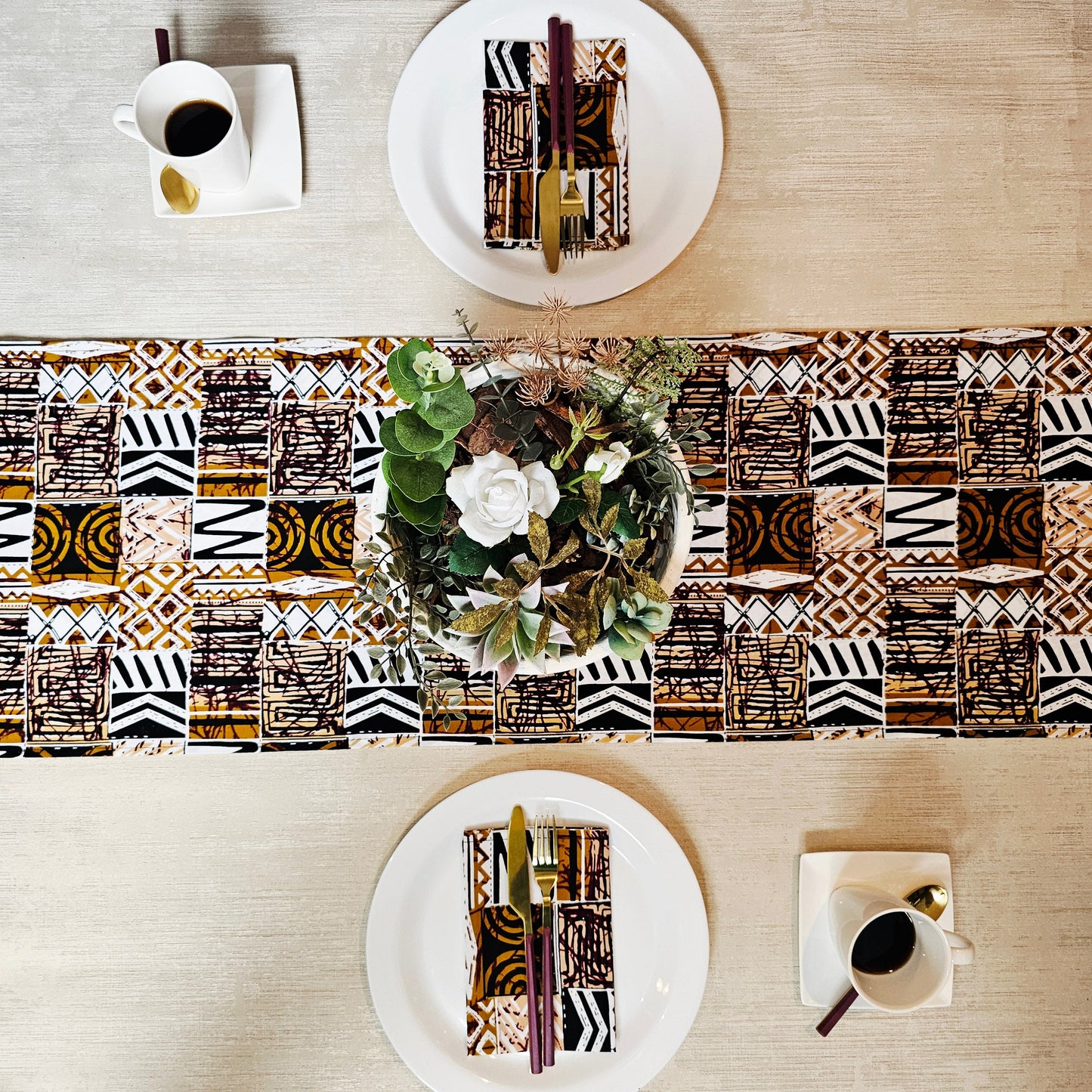Handmade Table Runner and Set of 8 Napkins | African Print "Mudcloth" Bogolan Inspired Print Made from 100% African Print Fabric-0