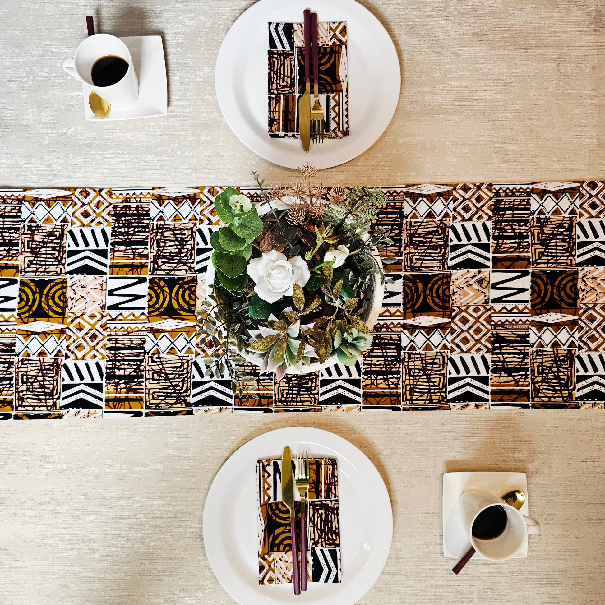 Handmade Table Runner and Set of 8 Napkins | African Print "Mudcloth" Bogolan Inspired Print Made from 100% African Print Fabric-3