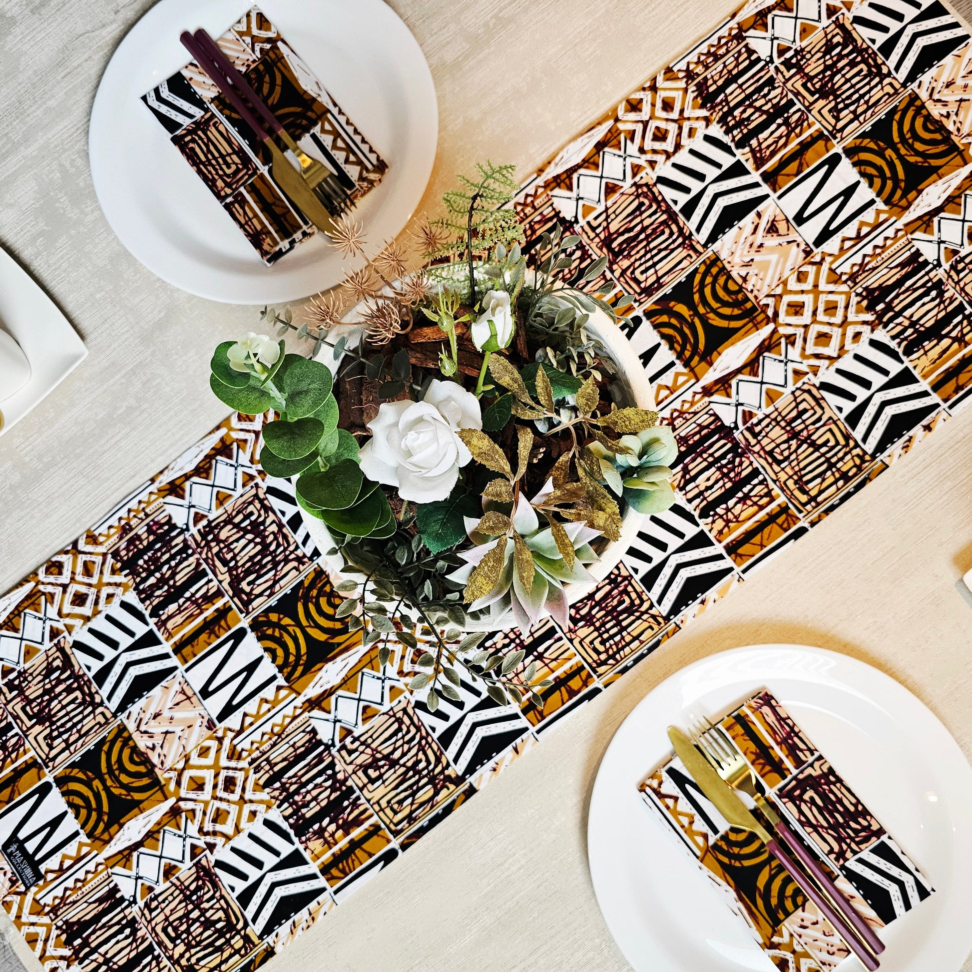 Handmade Table Runner and Set of 8 Napkins | African Print "Mudcloth" Bogolan Inspired Print Made from 100% African Print Fabric-4