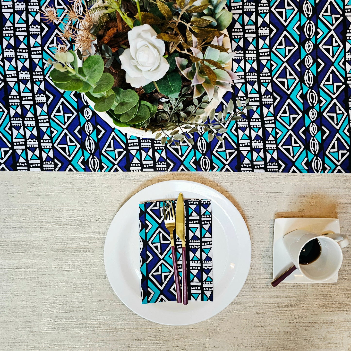 Handmade Table Runner and Set of 8 Napkins | African Print "Mudcloth" Bogolan Inspired Print Made from 100% African Print Fabric (Copy)-2