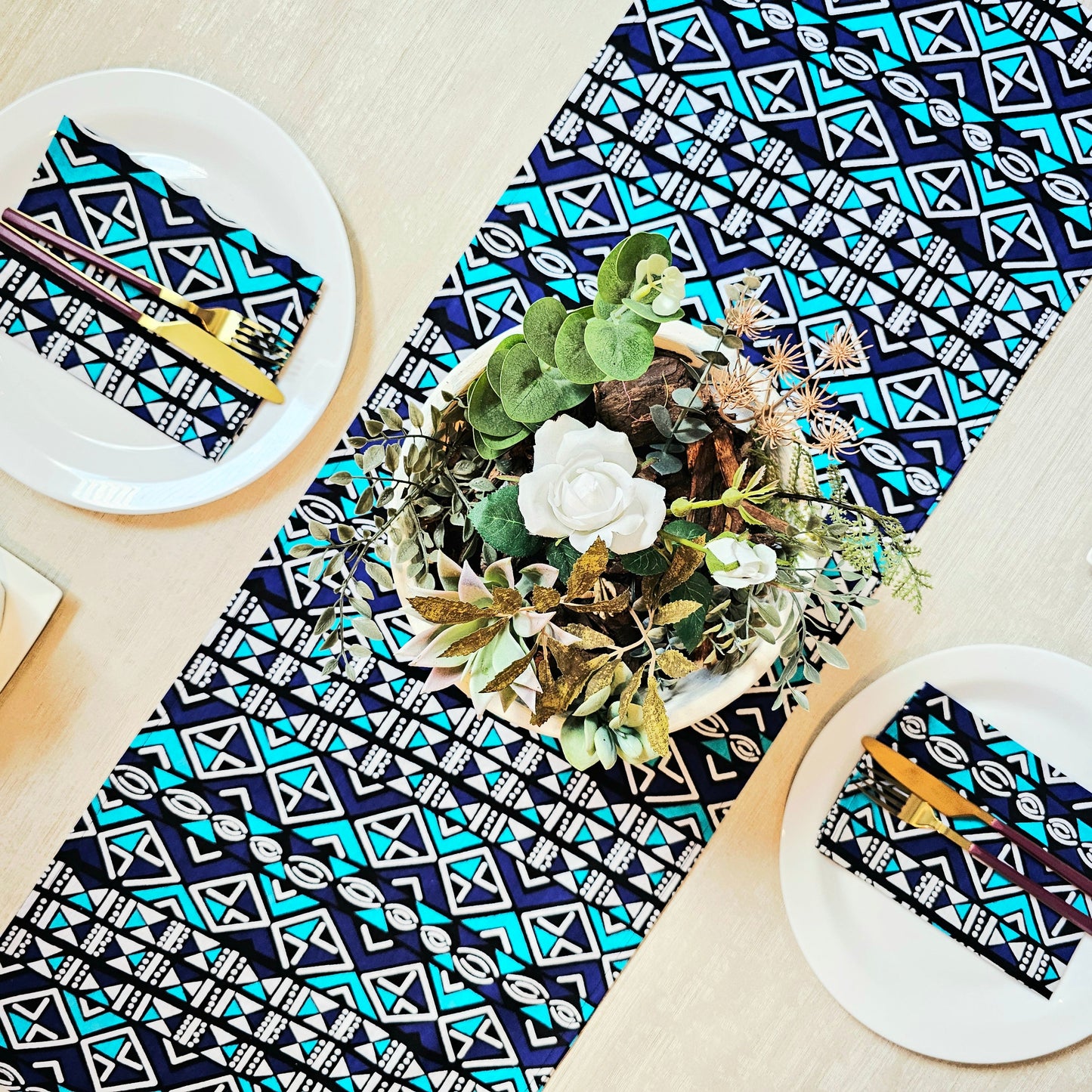 Handmade Table Runner and Set of 8 Napkins | African Print "Mudcloth" Bogolan Inspired Print Made from 100% African Print Fabric (Copy)-0