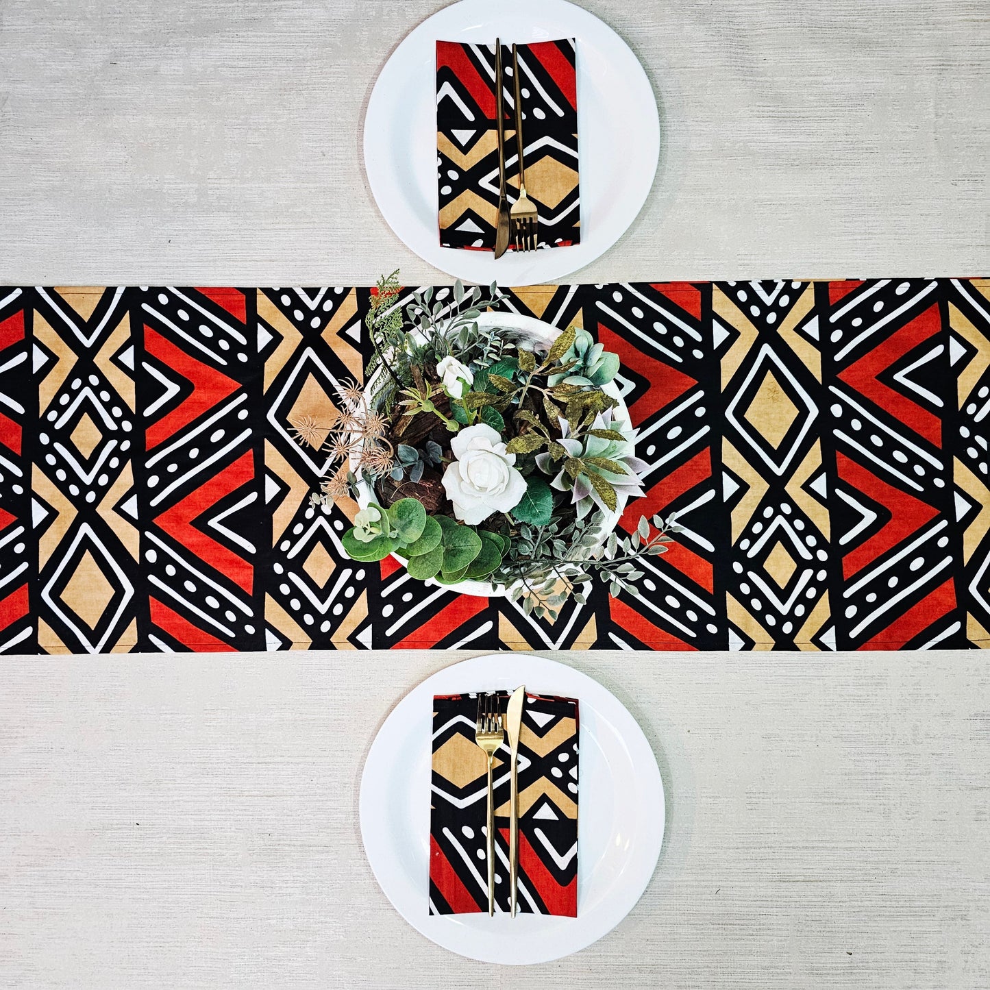 Handmade Table Runner and Set of 8 Napkins | African Print Bogolan Inspired Print Made from 100% African Print Fabric-0