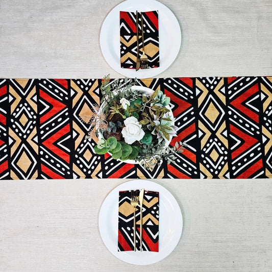 Handmade Table Runner and Set of 8 Napkins | African Print Bogolan Inspired Print Made from 100% African Print Fabric-0