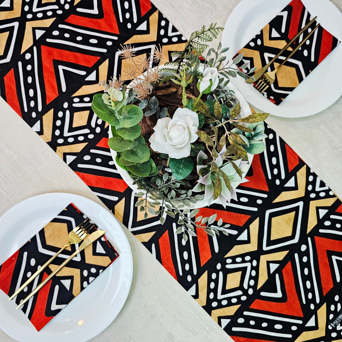 Handmade Table Runner and Set of 8 Napkins | African Print Bogolan Inspired Print Made from 100% African Print Fabric-1