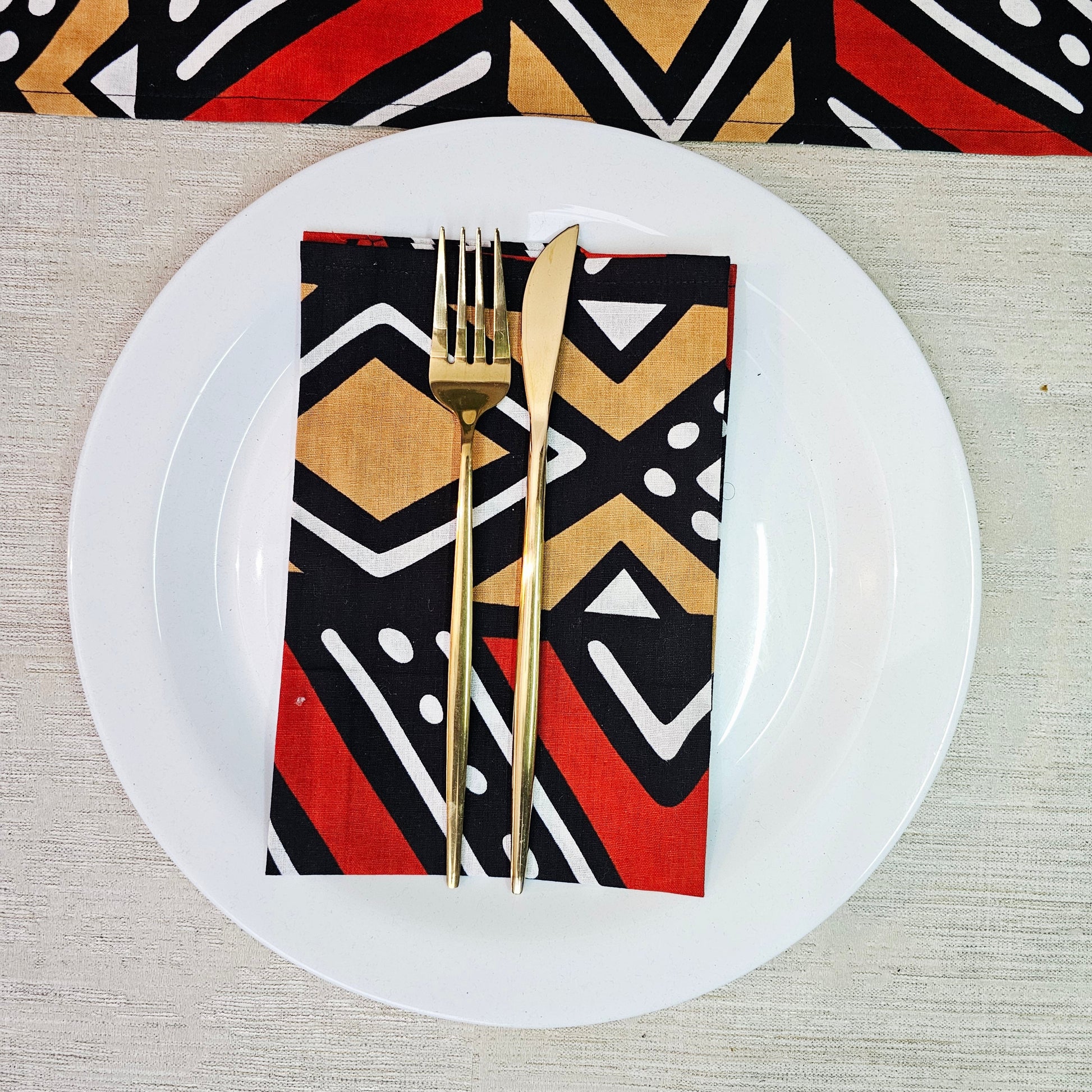 Handmade Table Runner and Set of 8 Napkins | African Print Bogolan Inspired Print Made from 100% African Print Fabric-2