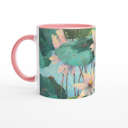 11oz White Ceramic Mug with Color Inside | Coffee Cup with 'Lily Pads' Floral Artwork by American Artist Barbara Cleary-0