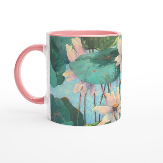 11oz White Ceramic Mug with Color Inside | Coffee Cup with 'Lily Pads' Floral Artwork by American Artist Barbara Cleary-0
