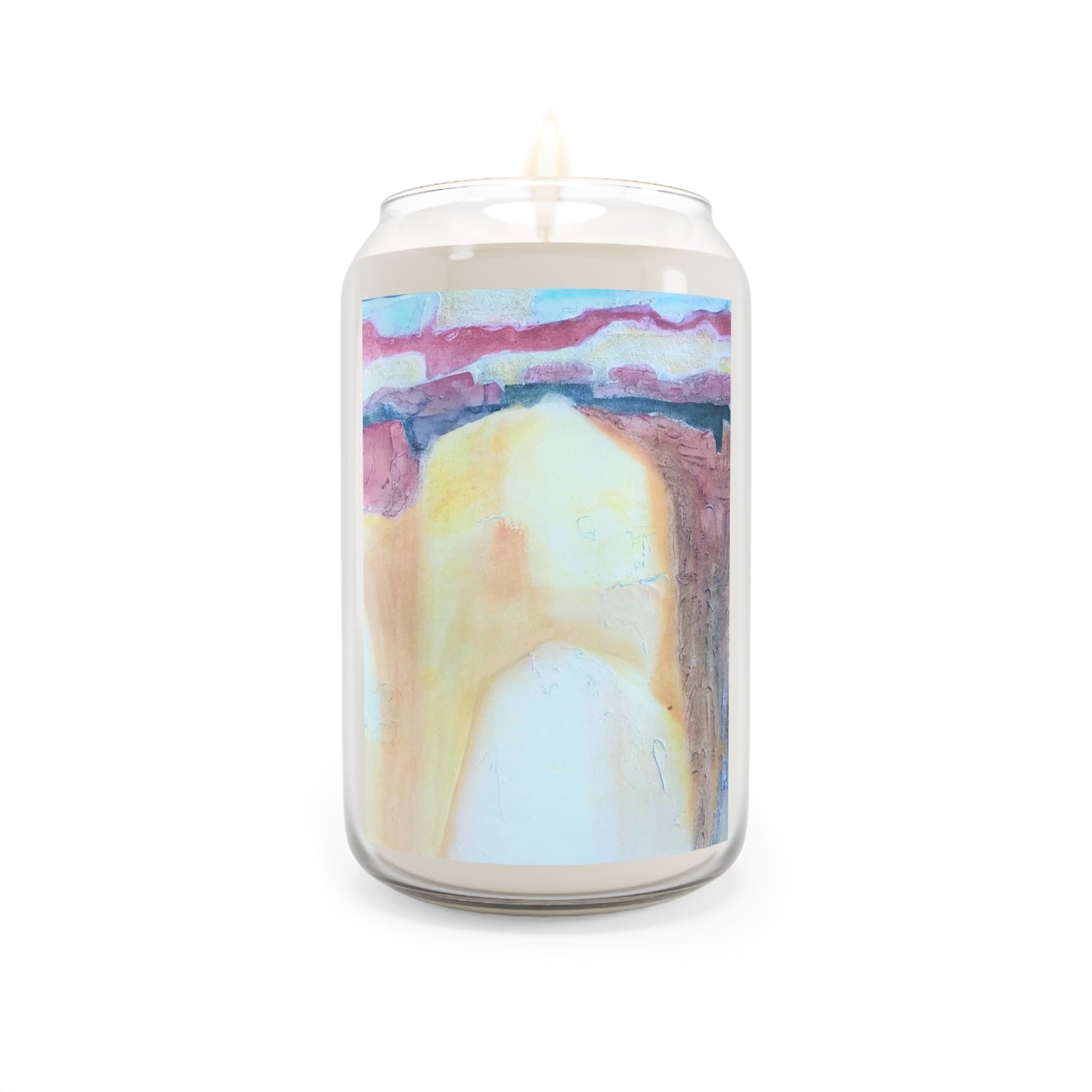 13.75oz Eco-Friendly Scented or Unscented Soy Wax Candle Jar with 'Southwest Mixed Media' Abstract Artwork by American Artist Barbara Cleary-1