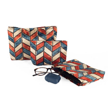 Ajrakh Hand-block Print Silk Travel Case - Set of 3 - Off-white Red Blue Chevron-1