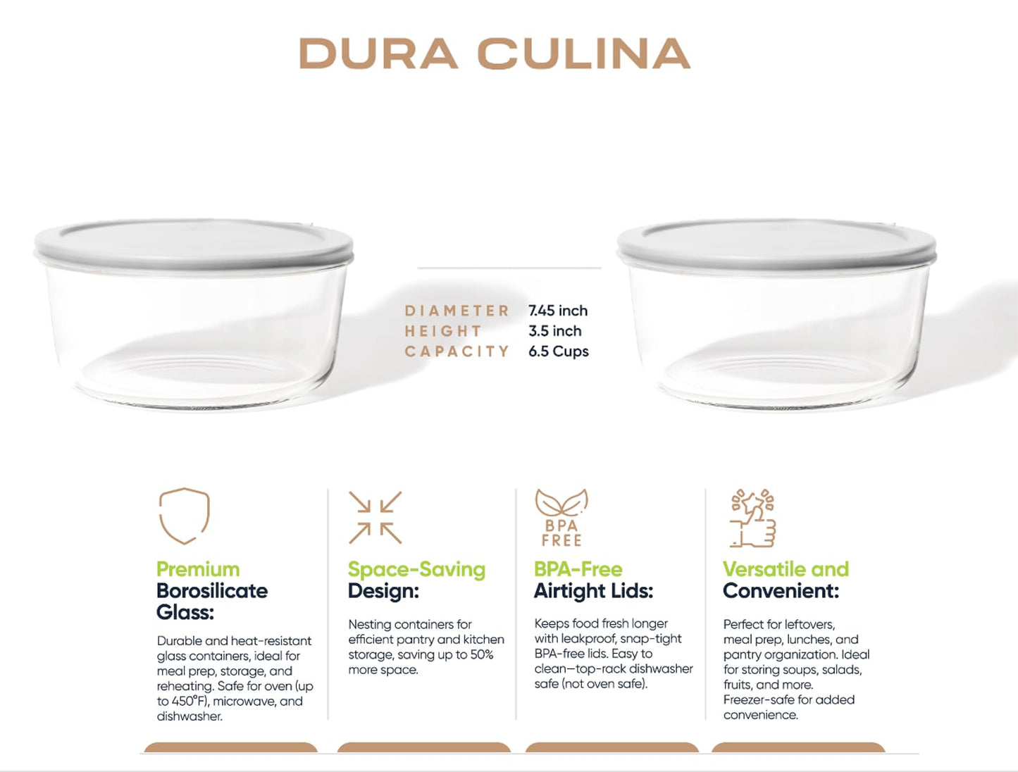 8 Piece (6.55 Cup / 52oz) Round Glass Food Storage Container Set (4 Containers + 4 Lids) with Bonus Lids-3