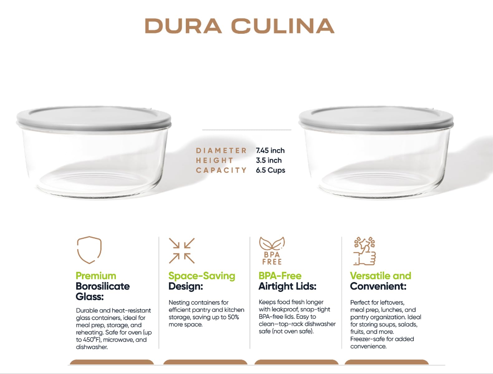 8 Piece (6.55 Cup / 52oz) Round Glass Food Storage Container Set (4 Containers + 4 Lids) with Bonus Lids-3