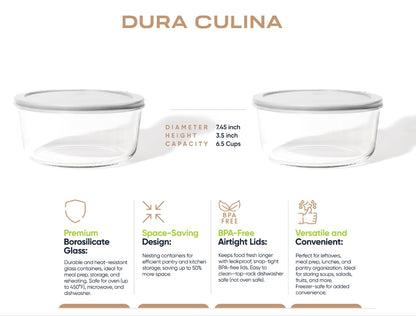 8 Piece (6.55 Cup / 52oz) Round Glass Food Storage Container Set (4 Containers + 4 Lids) with Bonus Lids-3