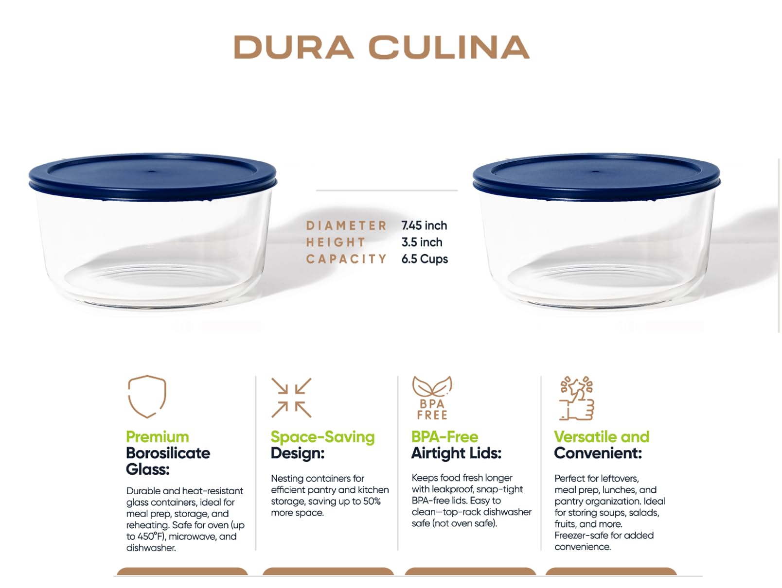 8 Piece (6.55 Cup / 52oz) Round Glass Food Storage Container Set (4 Containers + 4 Lids) with Bonus Lids-3