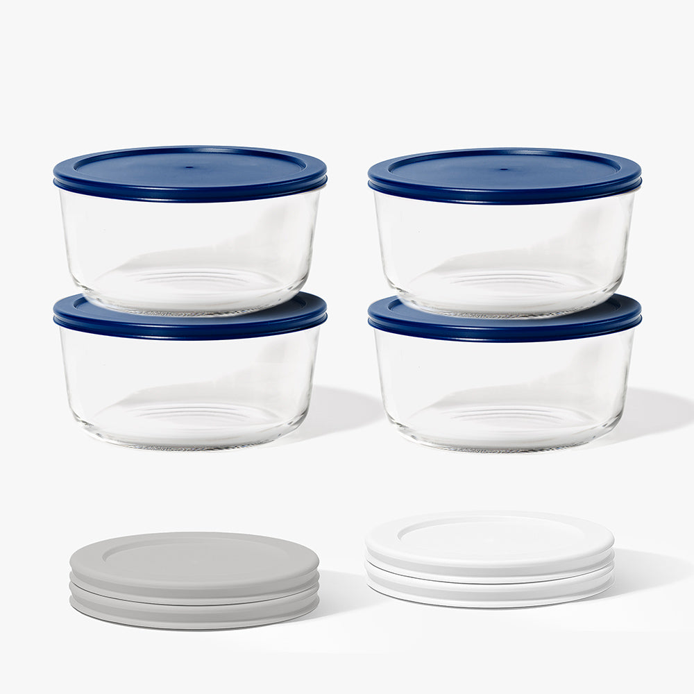 8 Piece (6.55 Cup / 52oz) Round Glass Food Storage Container Set (4 Containers + 4 Lids) with Bonus Lids-0