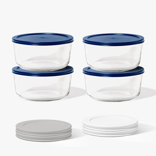 8 Piece (6.55 Cup / 52oz) Round Glass Food Storage Container Set (4 Containers + 4 Lids) with Bonus Lids-0