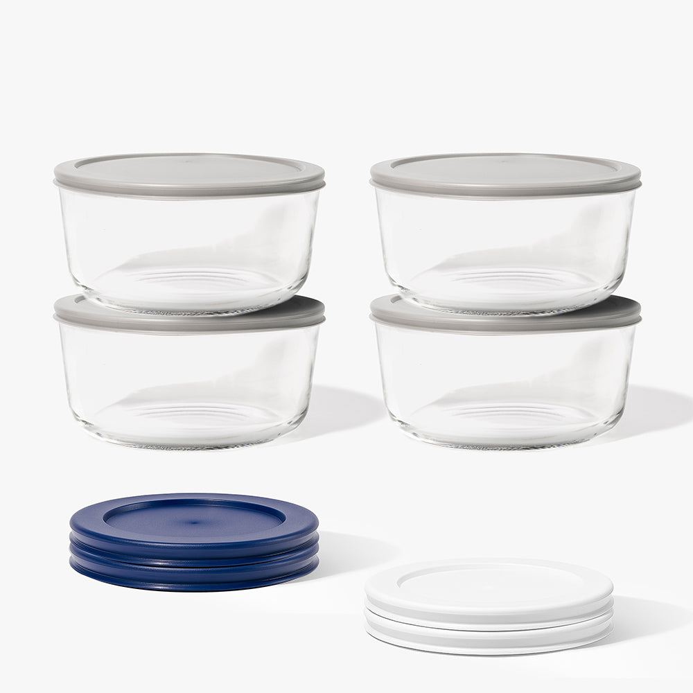 8 Piece (6.55 Cup / 52oz) Round Glass Food Storage Container Set (4 Containers + 4 Lids) with Bonus Lids-0