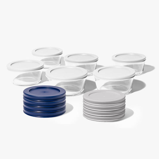 12 Piece (2 Cup / 16oz) Round Glass Food Storage Container Set (6 Containers + 6 Lids) with Bonus Lids-0