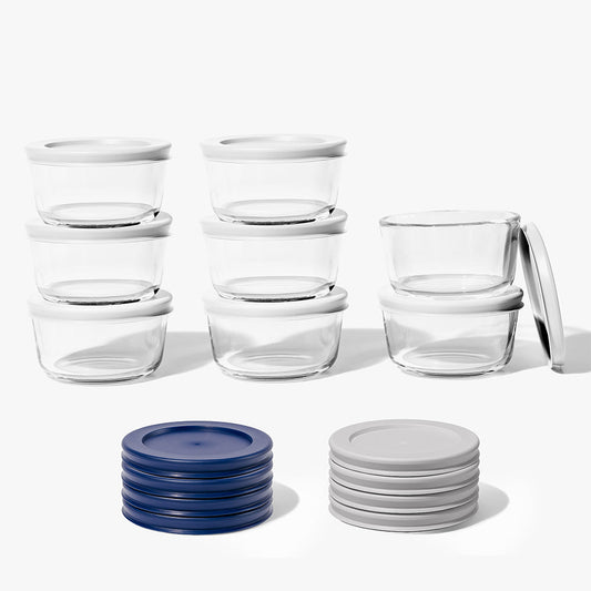 16 Piece (7oz) Round Glass Food Storage Container Set (8 Containers + 8 Lids) with Bonus Lids-0