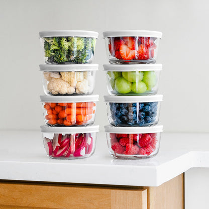 16 Piece (7oz) Round Glass Food Storage Container Set (8 Containers + 8 Lids) with Bonus Lids-3