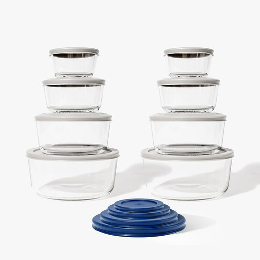16 Piece Round Nest Space-Saving Glass Storage Container Set (8 Containers + 8 Lids) With Bonus Lids-0