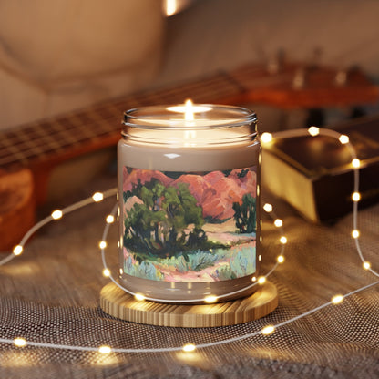 9oz Eco-Friendly Scented or Unscented Soy Wax Candle Jar  with 'Mesa at Ghost Ranch' Southwestern Artwork by American Artist Barbara Cleary-3