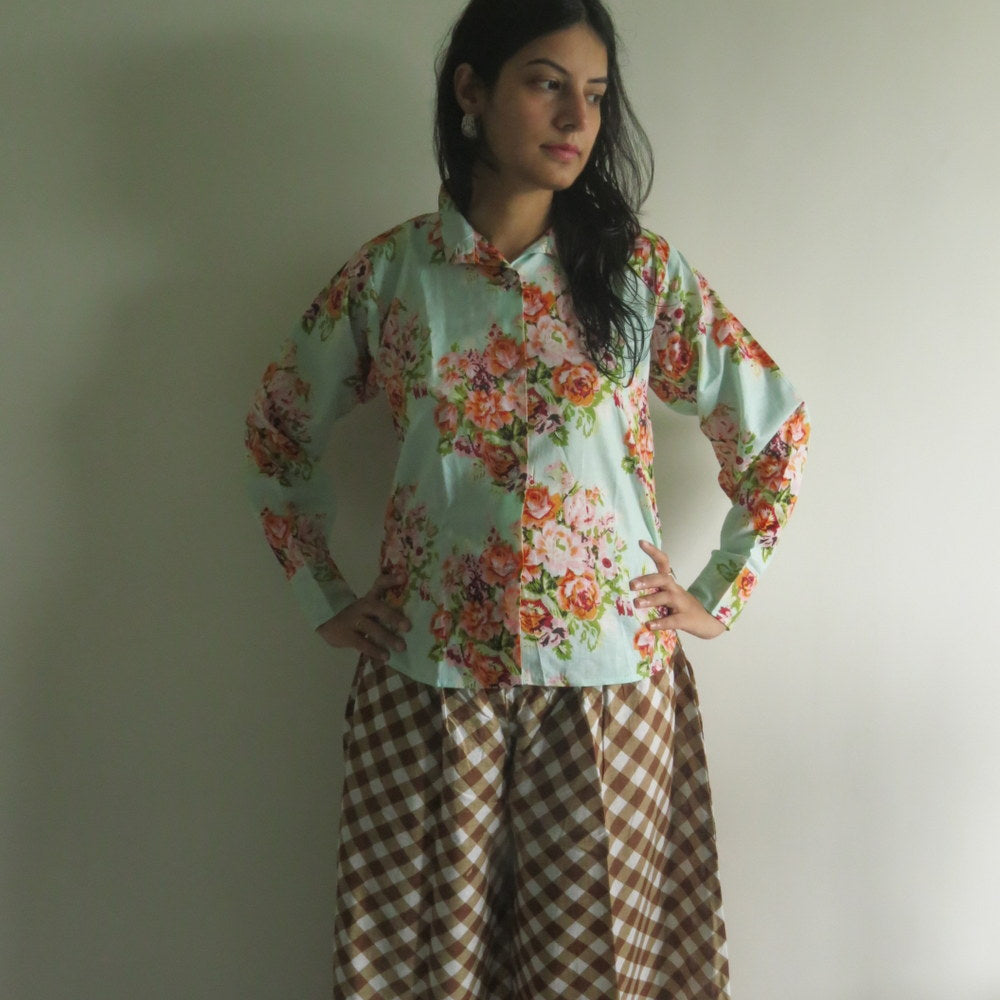 Brown Plaid Wide Legged Elastic Pajamas-1