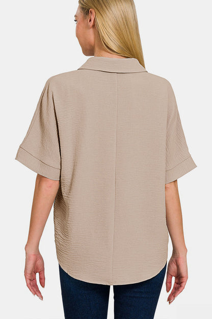 Zenana Texture Collared Neck Short Sleeve Top-1