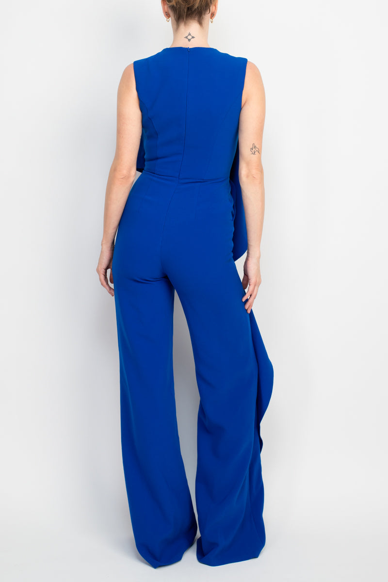 Jovani Ruffle trim sleeveless high waist one-piece scoop neck crepe jumpsuit-4