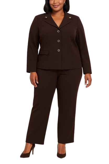 Danillo Pantsuit Notched Lapel Collar Long Sleeves Flap Pocket Top with Mid-Rise Waist Straight-Leg Pants (Plus Size)-0