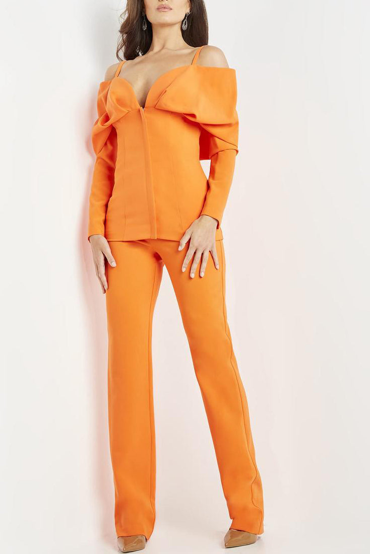 Jovani cold shoulder long sleeve solid scuba crepe evening pantsuit-2