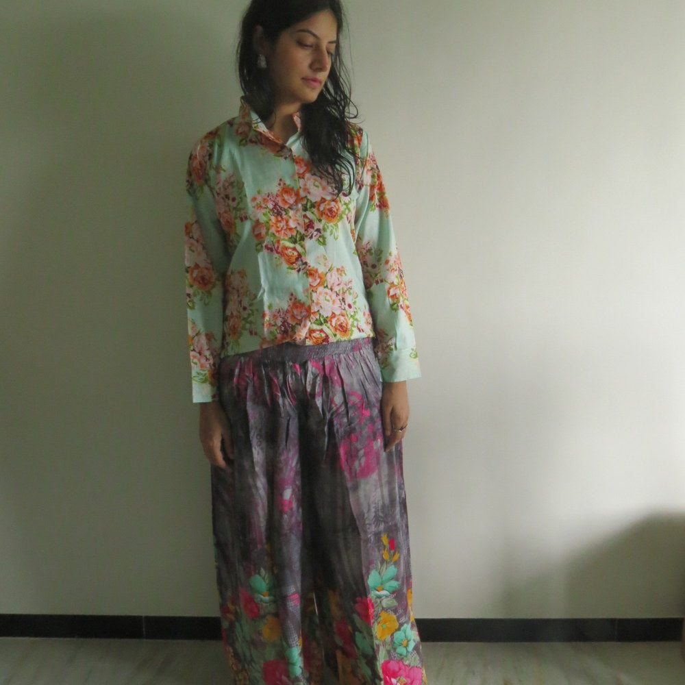 Gray Floral Wide Legged Elastic Pajamas-1