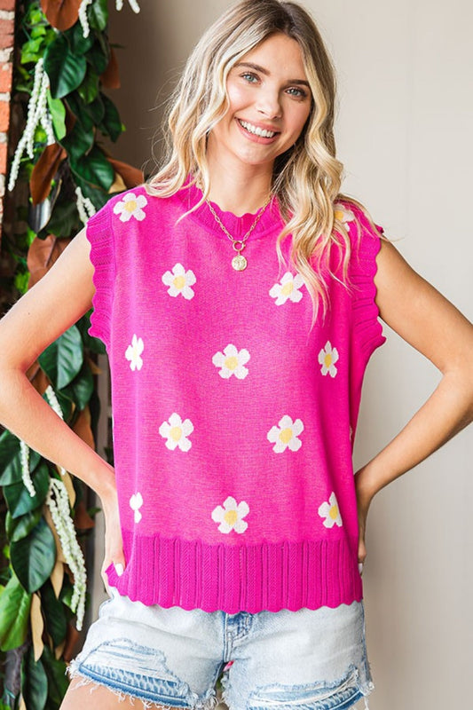 First Love Full Size Flower Pattern Round Neck Sweater Vest-0