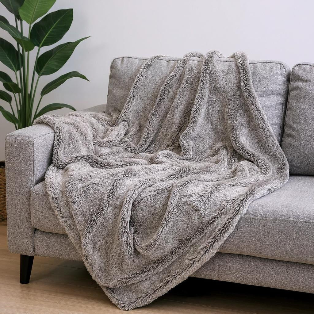 Gray Faux Fur Ombre Plush Throw-0