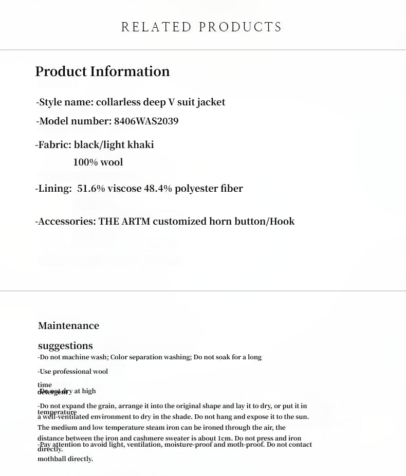 Australian Merino Wool Classic Simple Collarless Deep V-Neck Suit-3