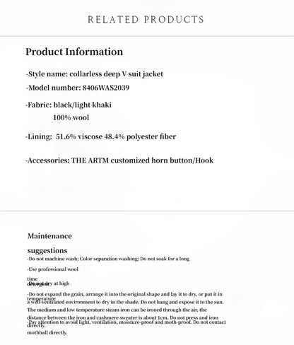 Australian Merino Wool Classic Simple Collarless Deep V-Neck Suit-3