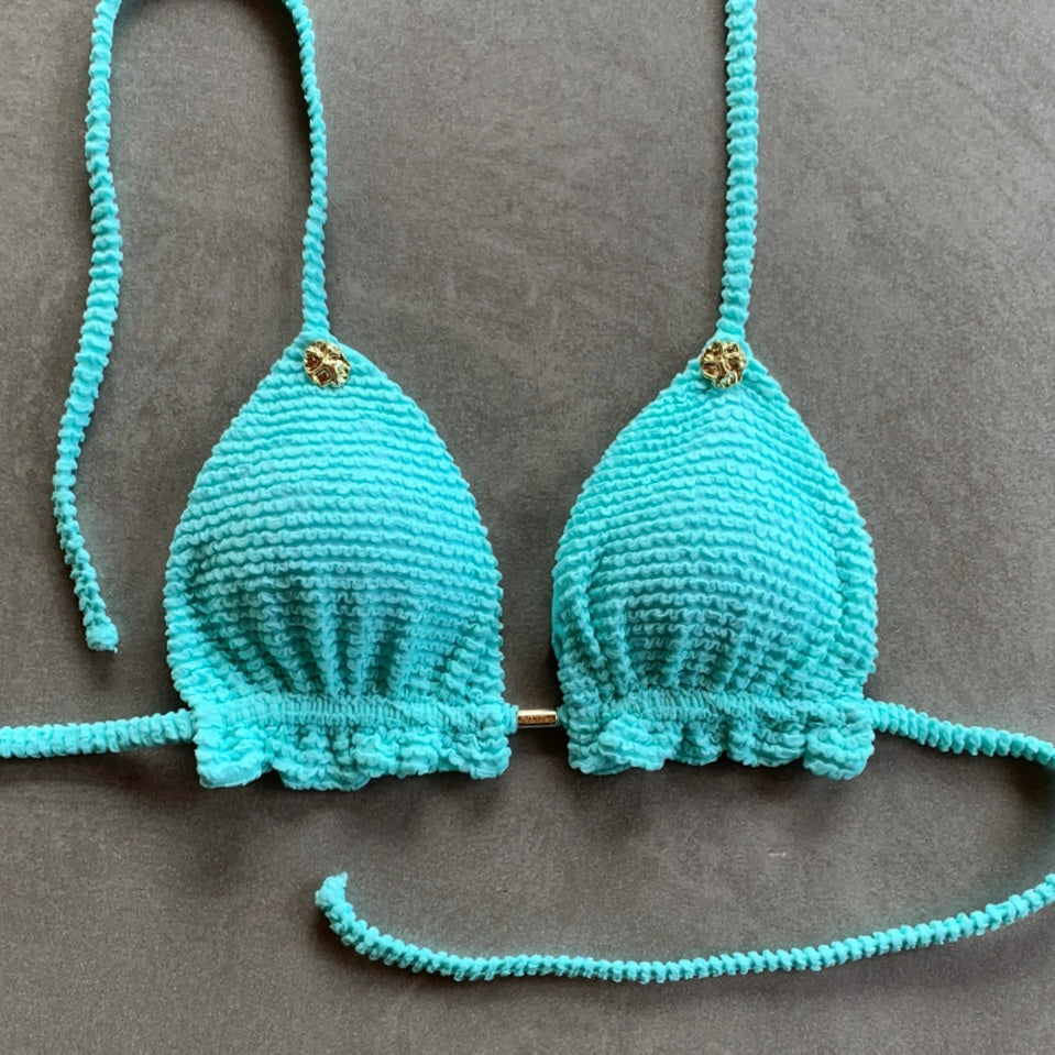 Curazao Blue Textured Triangle Frill Bikini Top-0