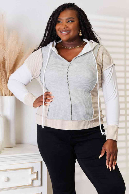 Double Take Color Block Exposed Seam Drawstring Hoodie-2