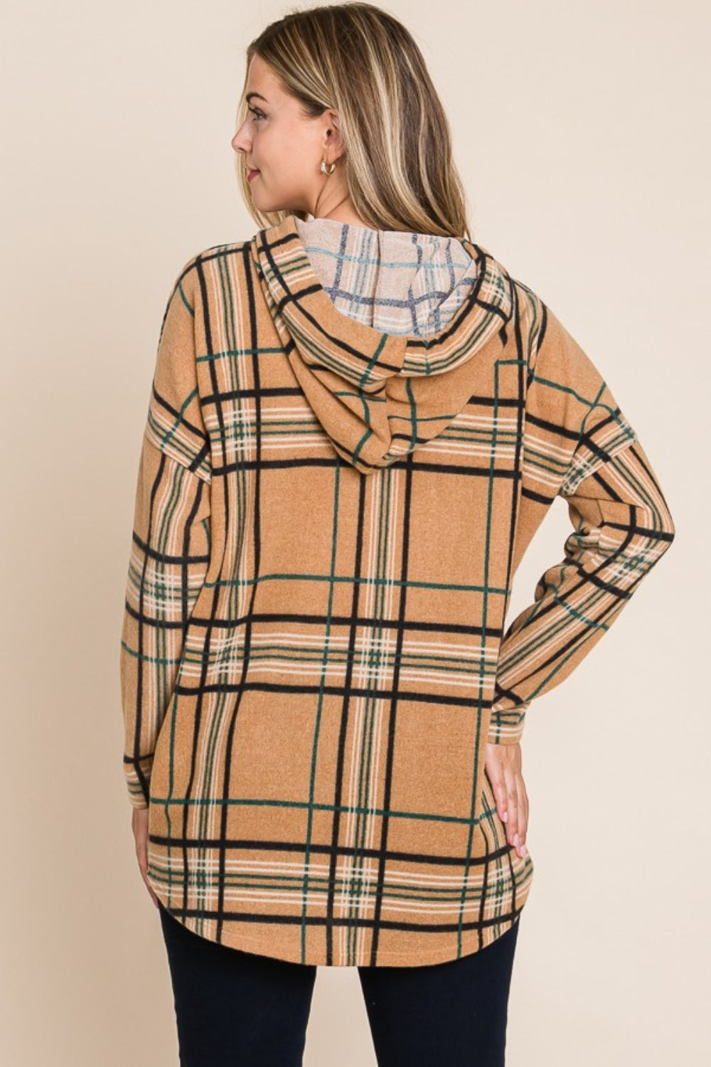 BOMBOM Drawstring Plaid Long Sleeve Hoodie-1