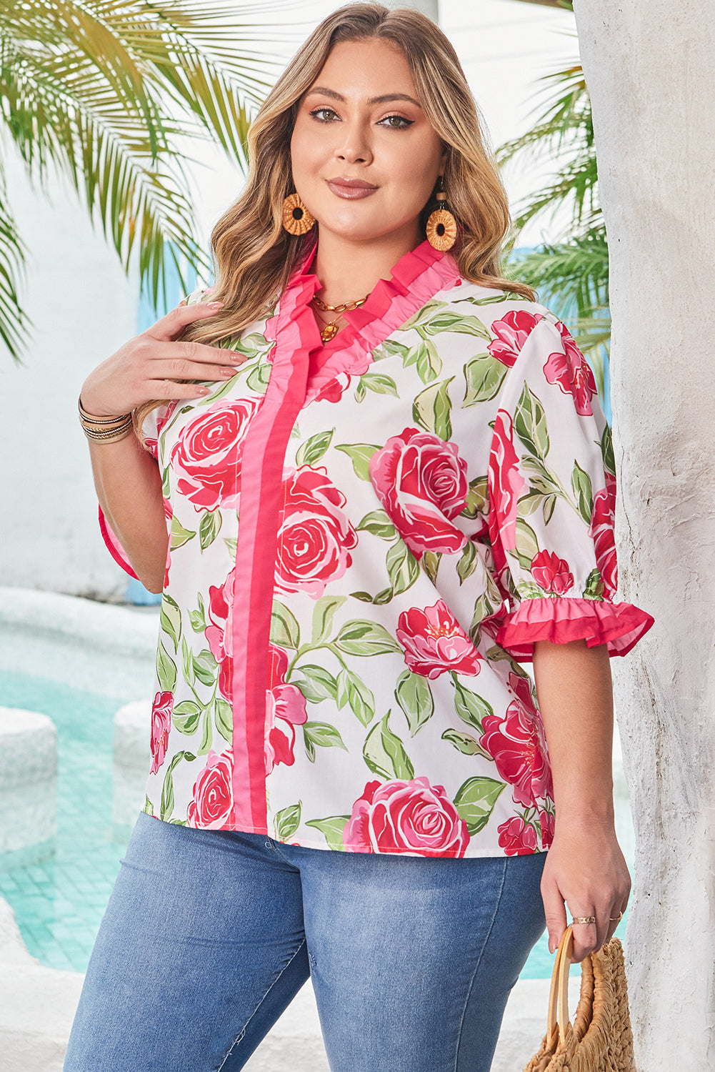 Elise Plus Size Floral Frilled Stripes Blouse-2
