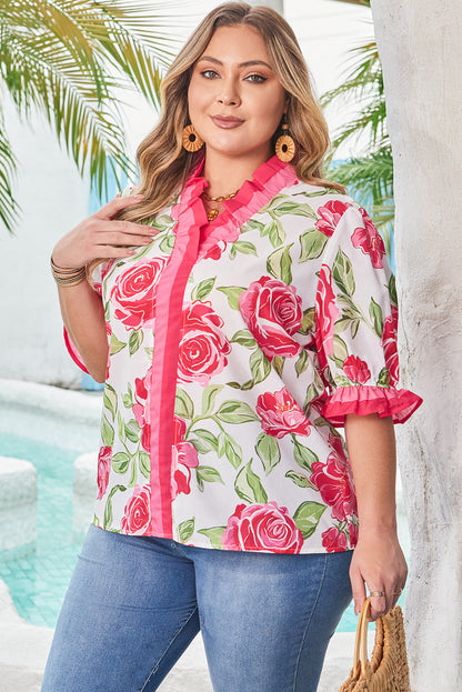 Elise Plus Size Floral Frilled Stripes Blouse-2