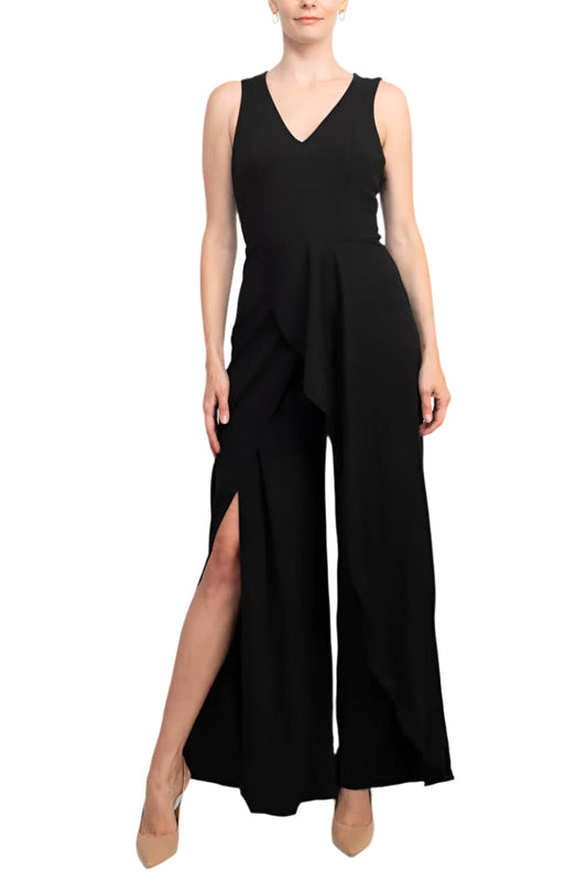 Marina V-Neck Sleeveless Zipper Back Racer Back Ruffled Hem Crepe Jumpsuit-0