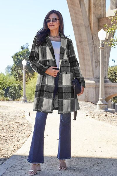 Double Take Full Size Plaid Button Up Lapel Collar Coat-8