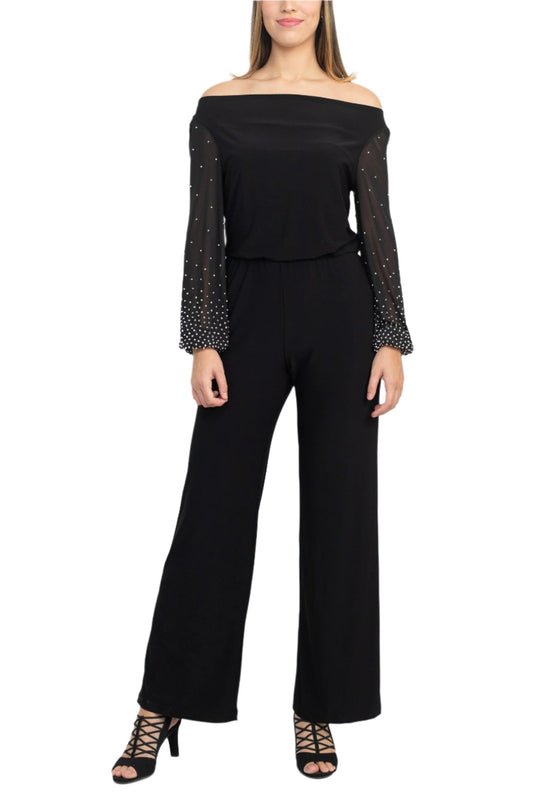 Marina Off Shoulder Embellished Chiffon Long Sleeve Blouson Solid Jersey Jumpsuit-0
