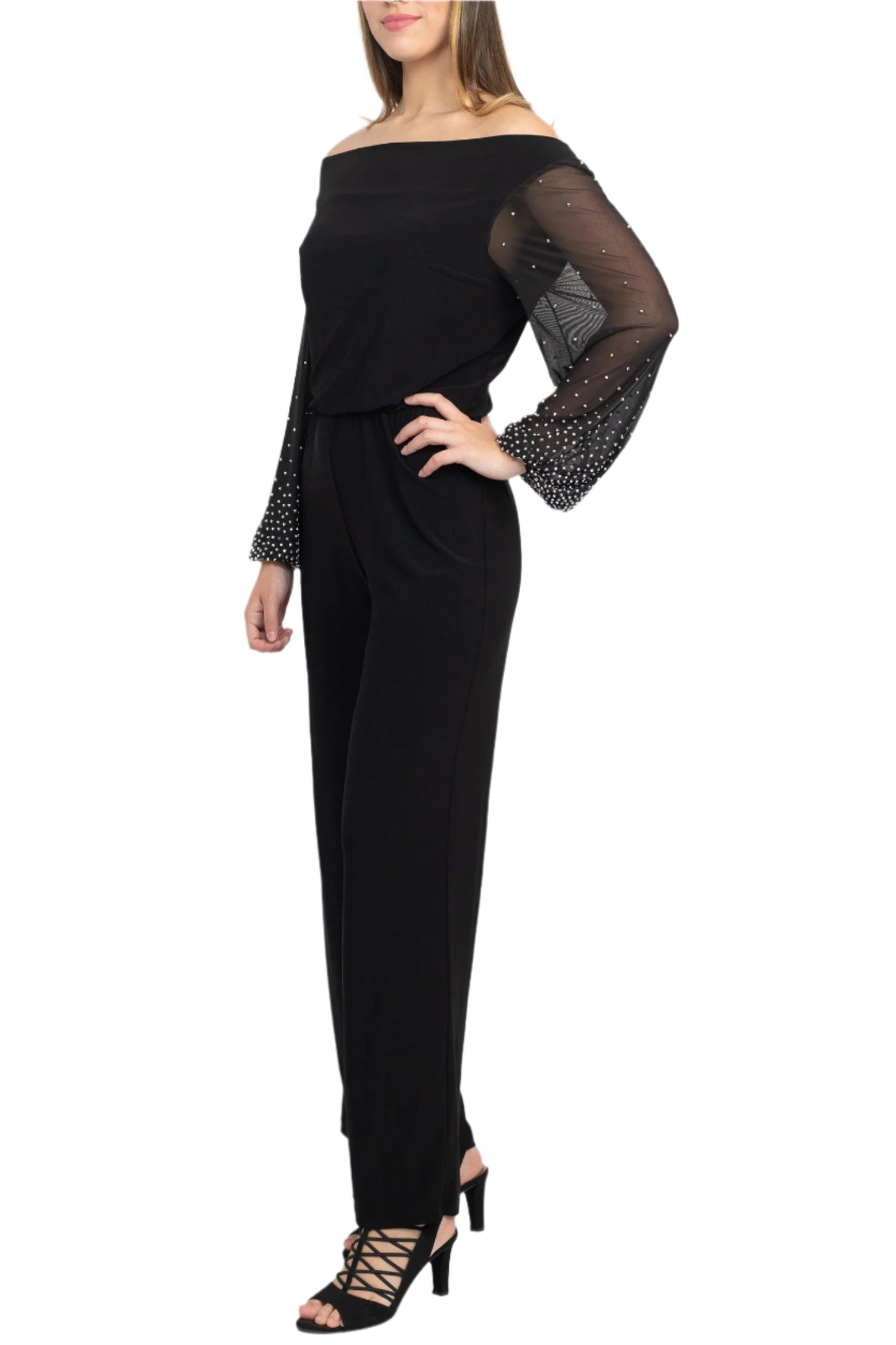 Marina Off Shoulder Embellished Chiffon Long Sleeve Blouson Solid Jersey Jumpsuit-1