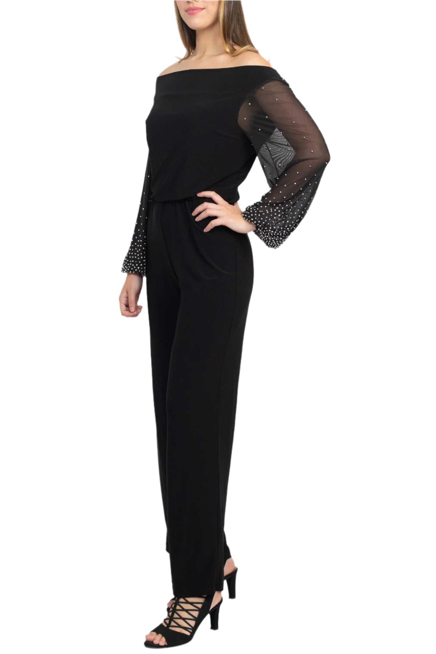 Marina Off Shoulder Embellished Chiffon Long Sleeve Blouson Solid Jersey Jumpsuit-1