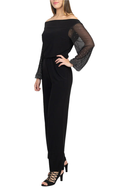 Marina Off Shoulder Embellished Chiffon Long Sleeve Blouson Solid Jersey Jumpsuit-1