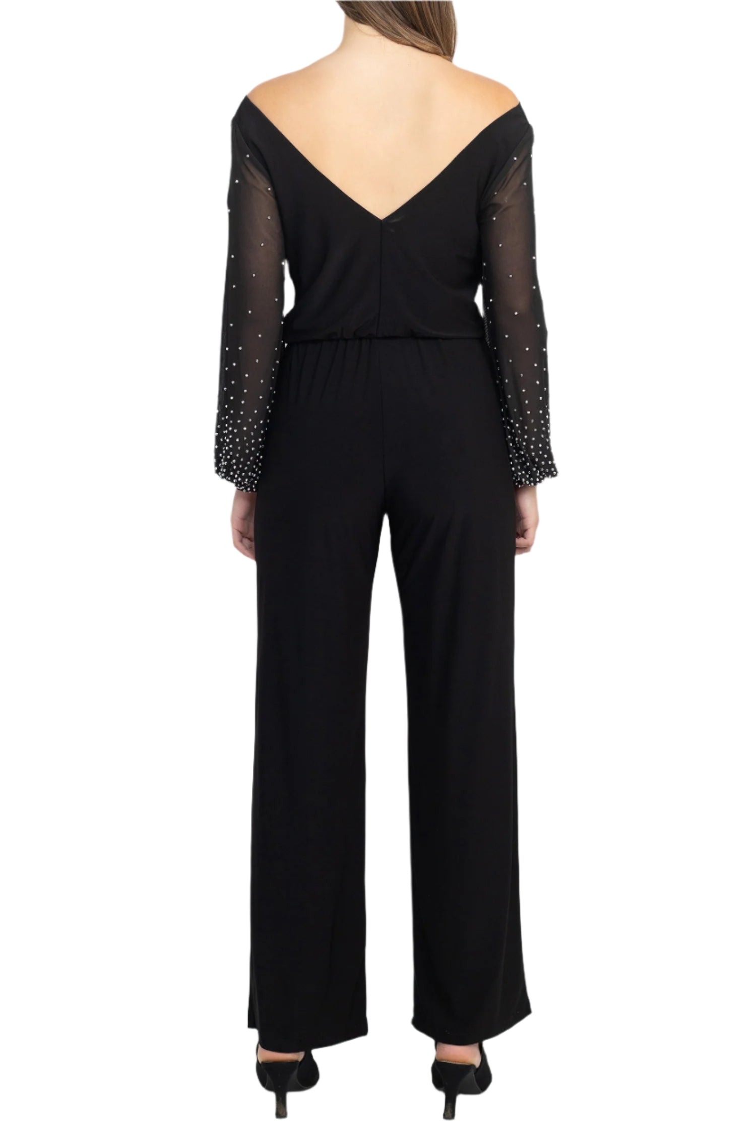Marina Off Shoulder Embellished Chiffon Long Sleeve Blouson Solid Jersey Jumpsuit-2