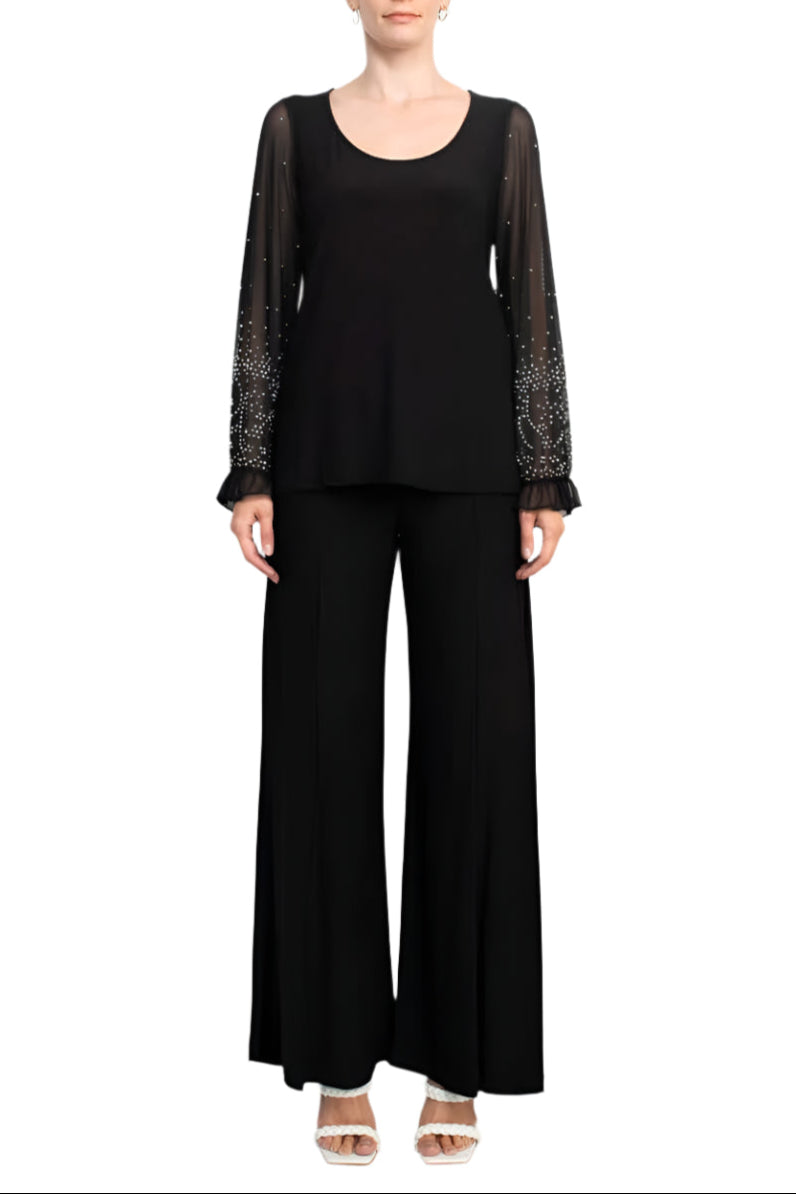 Marina Scoop Neck Embellished Chiffon Long Sleeve Slit Side Top and Elastic Mid Waist Wide Leg Jersey Two Piece Pant Set-0