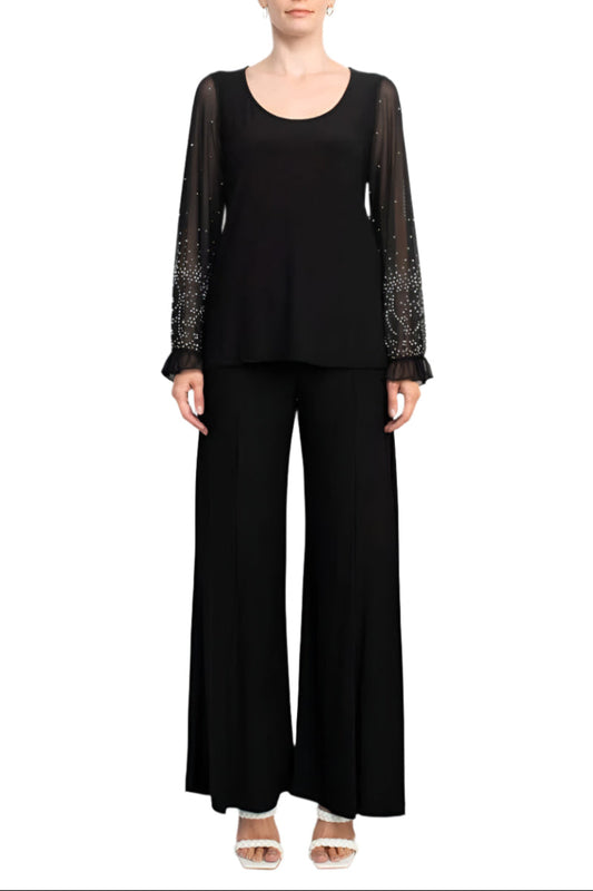 Marina Scoop Neck Embellished Chiffon Long Sleeve Slit Side Top and Elastic Mid Waist Wide Leg Jersey Two Piece Pant Set-0