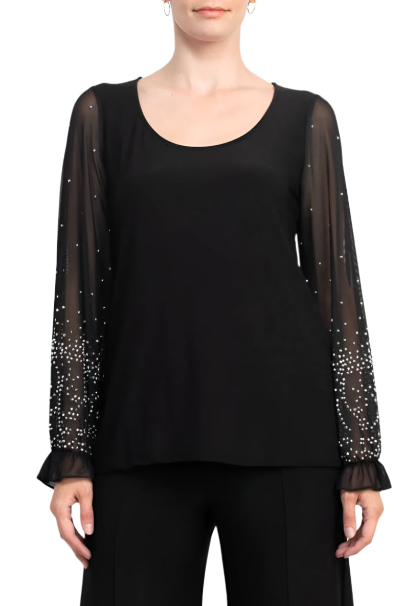 Marina Scoop Neck Embellished Chiffon Long Sleeve Slit Side Top and Elastic Mid Waist Wide Leg Jersey Two Piece Pant Set-1